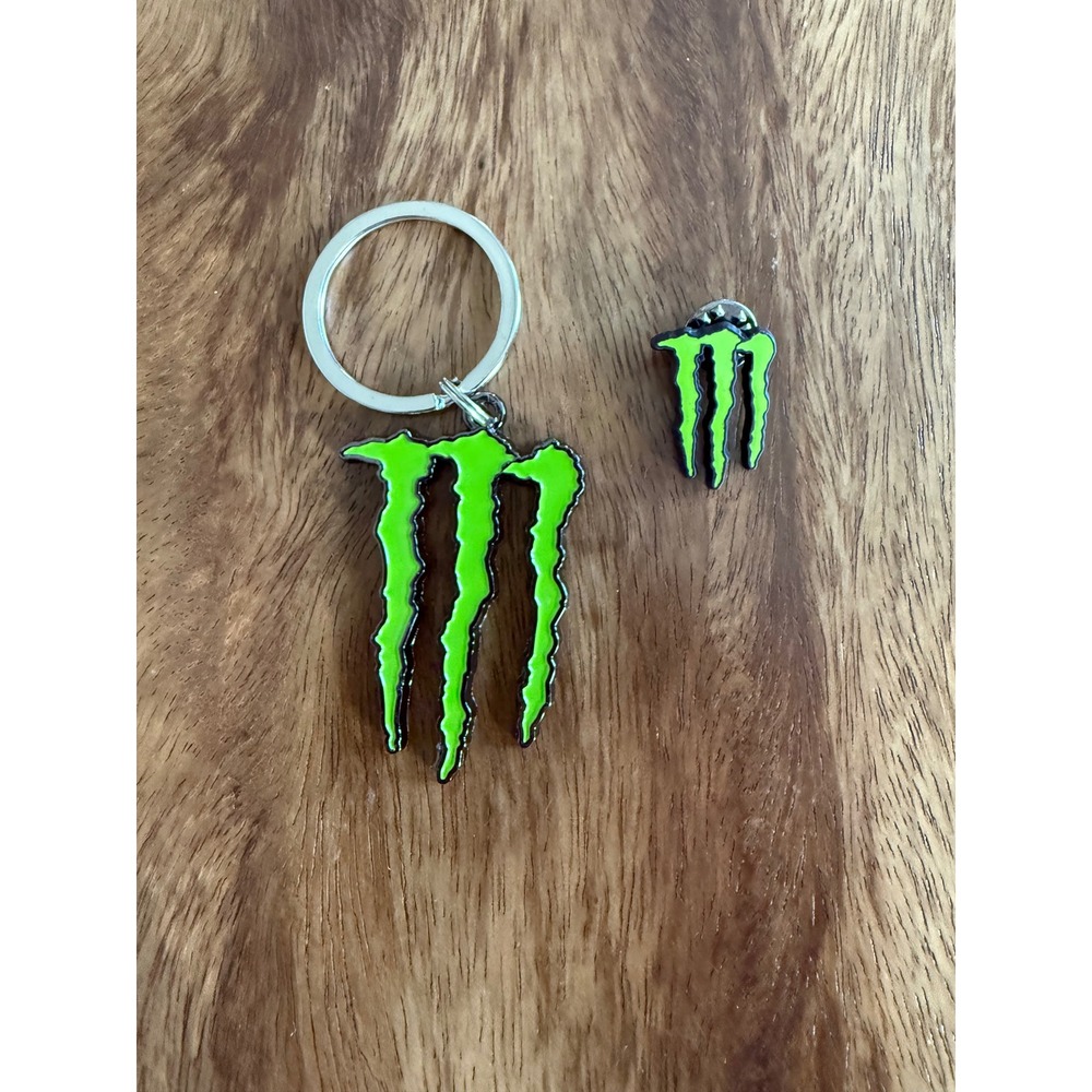 Monster Energy Logo Keychain and Enamel Pin Set Neon Green Claw Accessory